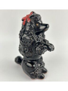 Vintage Black Redware Poodle Figurine With Red Bow Begging Mid-Century Collectib